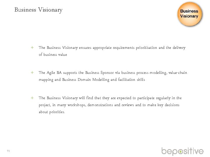 Business Visionary The Business Visionary ensures appropriate requirements prioritisation and the delivery of business
