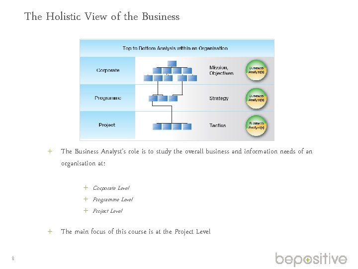 The Holistic View of the Business The Business Analyst’s role is to study the
