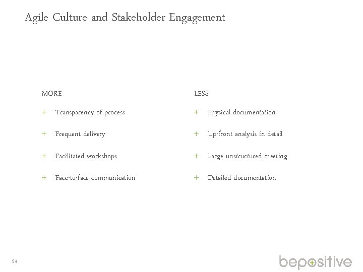 Agile Culture and Stakeholder Engagement 84 MORE LESS Transparency of process Physical documentation Frequent