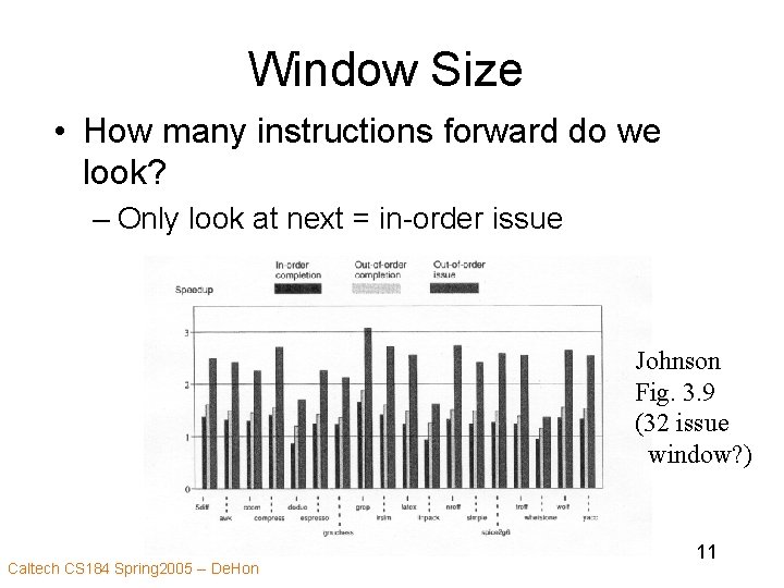 Window Size • How many instructions forward do we look? – Only look at