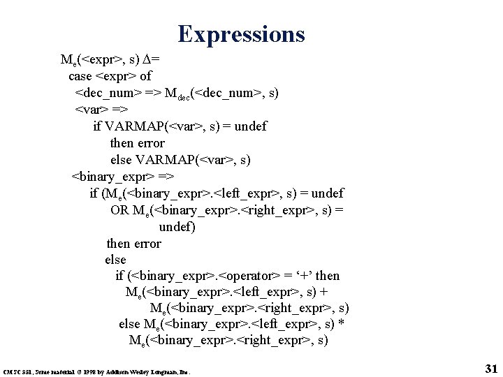 Expressions Me(<expr>, s) = case <expr> of <dec_num> => Mdec(<dec_num>, s) <var> => if