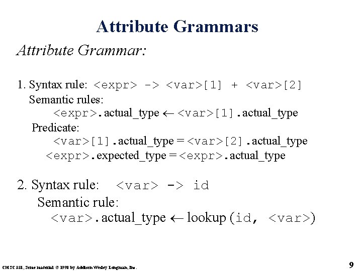 Attribute Grammars Attribute Grammar: 1. Syntax rule: <expr> -> <var>[1] + <var>[2] Semantic rules: