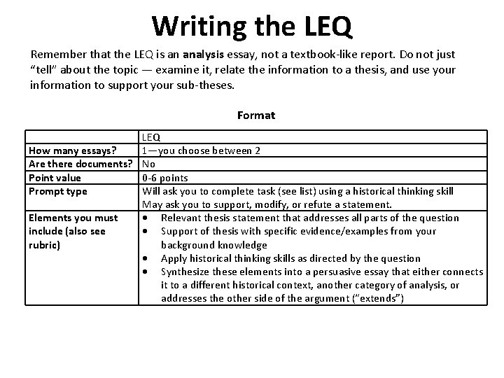 Writing the LEQ Remember that the LEQ is an analysis essay, not a textbook-like