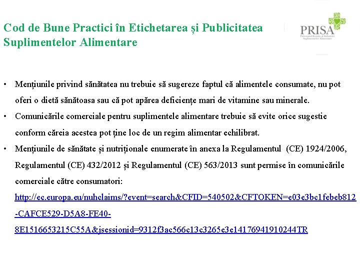 Cod de Bune Practici în Etichetarea și Publicitatea Suplimentelor Alimentare • Mențiunile privind sănătatea