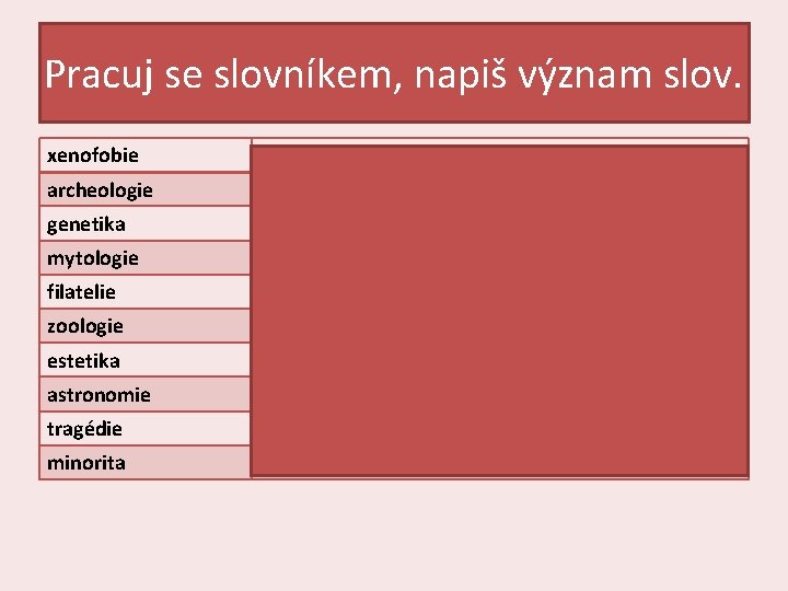 Pracuj se slovníkem, napiš význam slov. xenofobie strach z neznámého archeologie věda zkoumající minulost