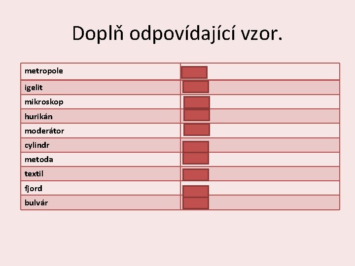 Doplň odpovídající vzor. metropole růže igelit hrad mikroskop hrad hurikán hrad moderátor pán cylindr