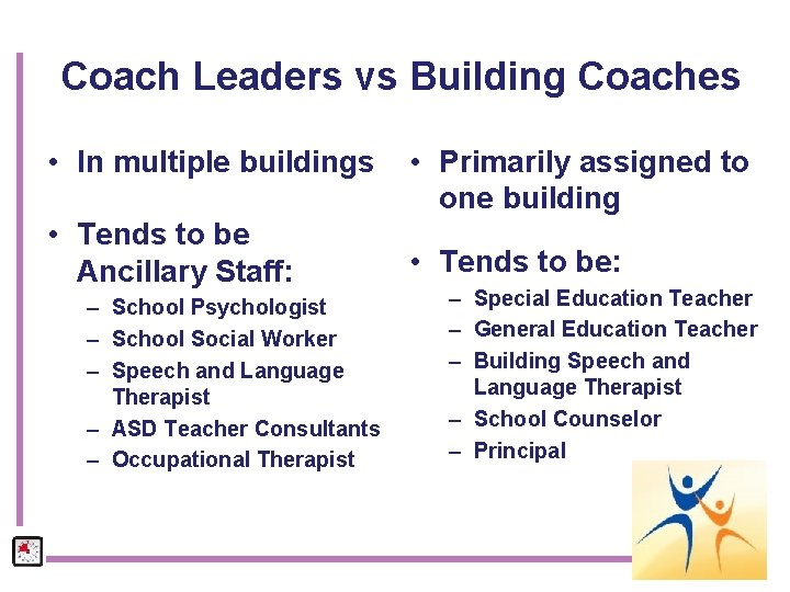 Coach Leaders vs Building Coaches • In multiple buildings • Tends to be Ancillary