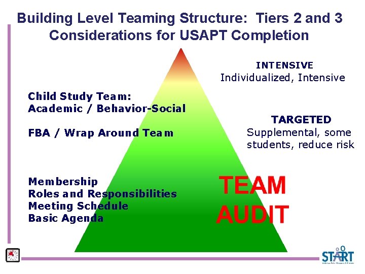 Building Level Teaming Structure: Tiers 2 and 3 Considerations for USAPT Completion INTENSIVE Individualized,