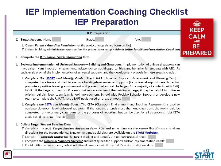 IEP Implementation Coaching Checklist IEP Preparation 