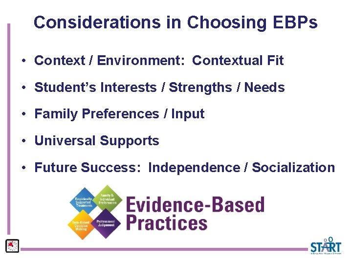 Considerations in Choosing EBPs • Context / Environment: Contextual Fit • Student’s Interests /