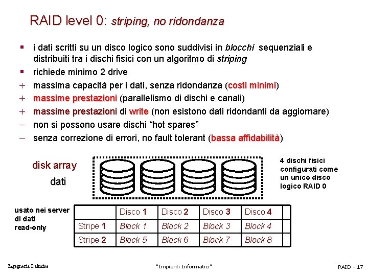 RAID level 0: striping, no ridondanza § i dati scritti su un disco logico