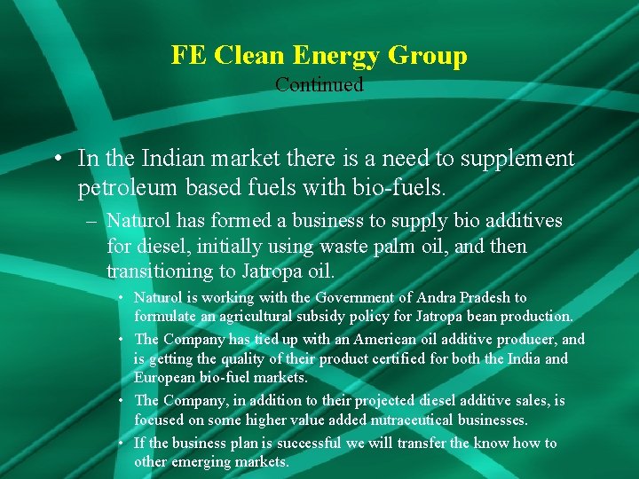 FE Clean Energy Group Continued • In the Indian market there is a need