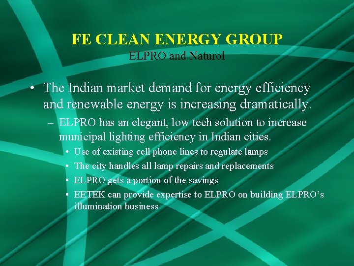 FE CLEAN ENERGY GROUP ELPRO and Naturol • The Indian market demand for energy