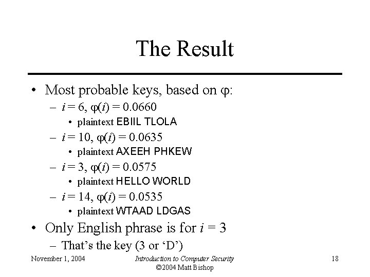 The Result • Most probable keys, based on : – i = 6, (i)