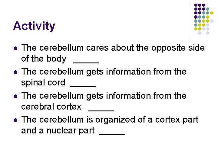 Activity l l The cerebellum cares about the opposite side of the body _____