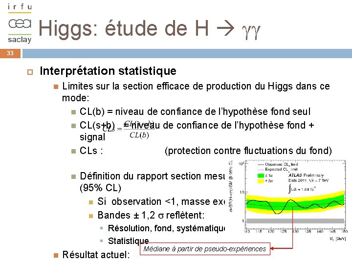 Higgs: étude de H gg 33 Interprétation statistique Limites sur la section efficace de