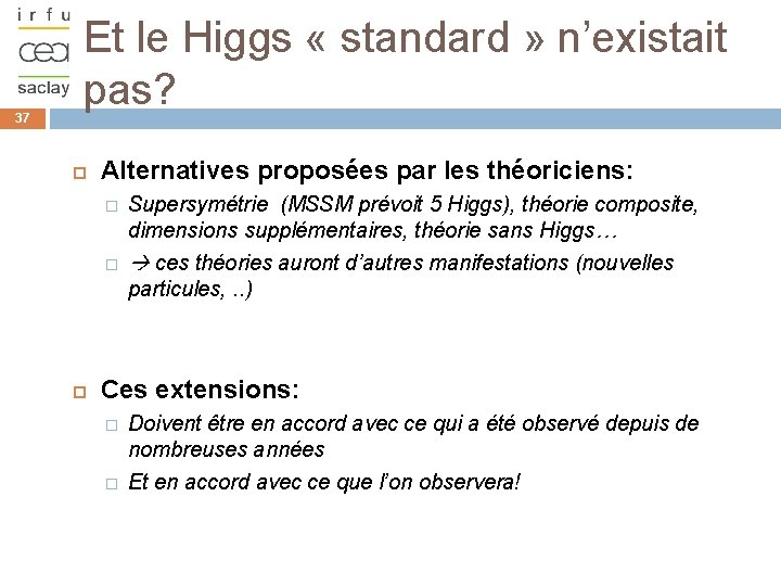37 Et le Higgs « standard » n’existait pas? Alternatives proposées par les théoriciens: