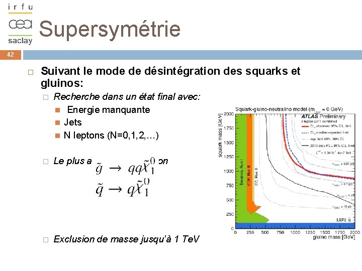 Supersymétrie 42 Suivant le mode de désintégration des squarks et gluinos: � Recherche dans