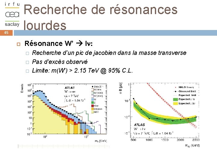 Recherche de résonances lourdes 45 Résonance W’ ln: � � � Recherche d’un pic