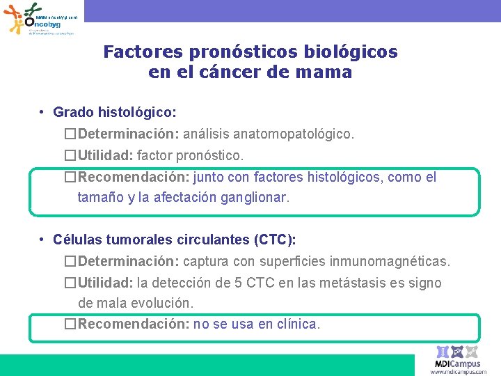 www. oncobyg. com Factores pronósticos biológicos en el cáncer de mama • Grado histológico: