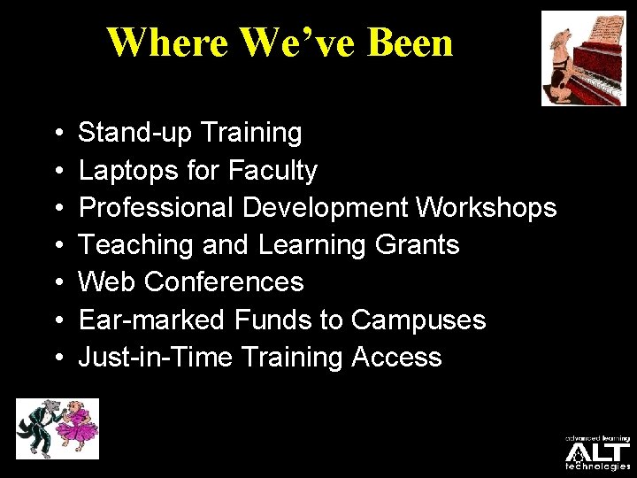 Where We’ve Been • • Stand-up Training Laptops for Faculty Professional Development Workshops Teaching