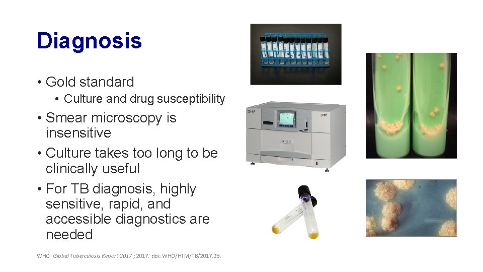 Diagnosis • Gold standard • Culture and drug susceptibility • Smear microscopy is insensitive