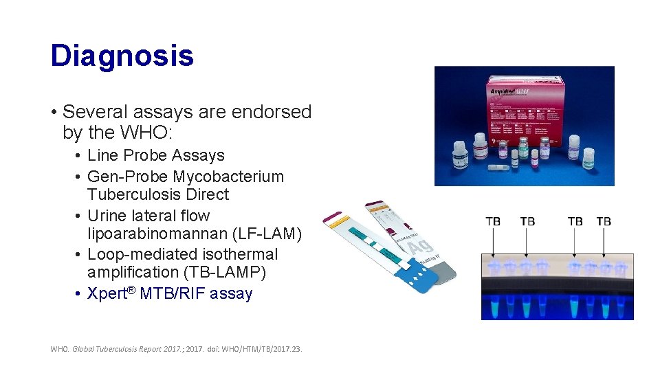 Diagnosis • Several assays are endorsed by the WHO: • Line Probe Assays •