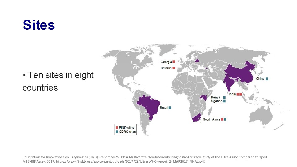 Sites • Ten sites in eight countries Foundation for Innovative New Diagnostics (FIND). Report