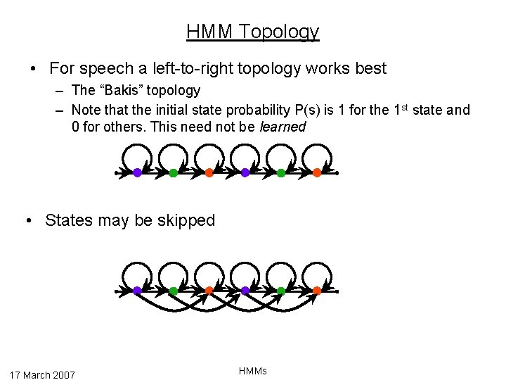 HMM Topology • For speech a left-to-right topology works best – The “Bakis” topology