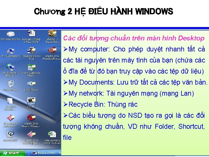 Chương 2 HỆ ĐIỀU HÀNH WINDOWS Các đối tượng chuẩn trên màn hình Desktop