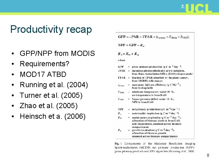 Productivity recap • • GPP/NPP from MODIS Requirements? MOD 17 ATBD Running et al.