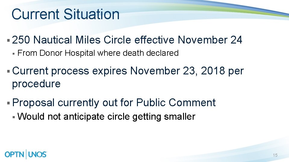 Current Situation § 250 Nautical Miles Circle effective November 24 § From Donor Hospital