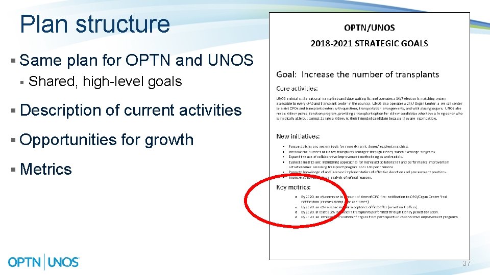 Plan structure § Same plan for OPTN and UNOS § Shared, high-level goals §