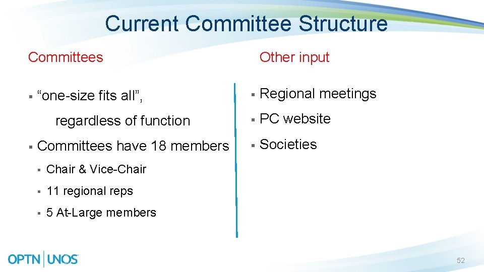 Current Committee Structure Committees § “one-size fits all”, regardless of function § Committees have