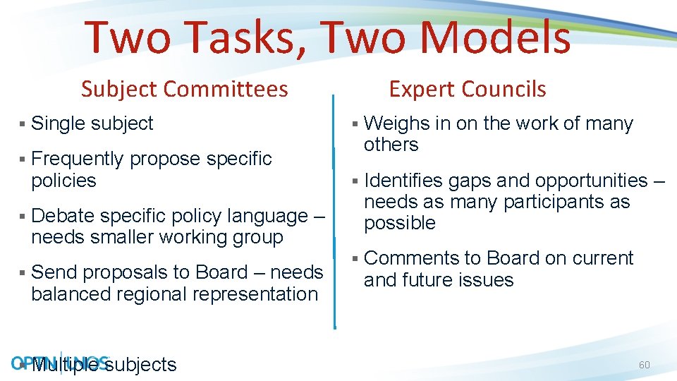 Two Tasks, Two Models Subject Committees Expert Councils § Single subject § § Frequently