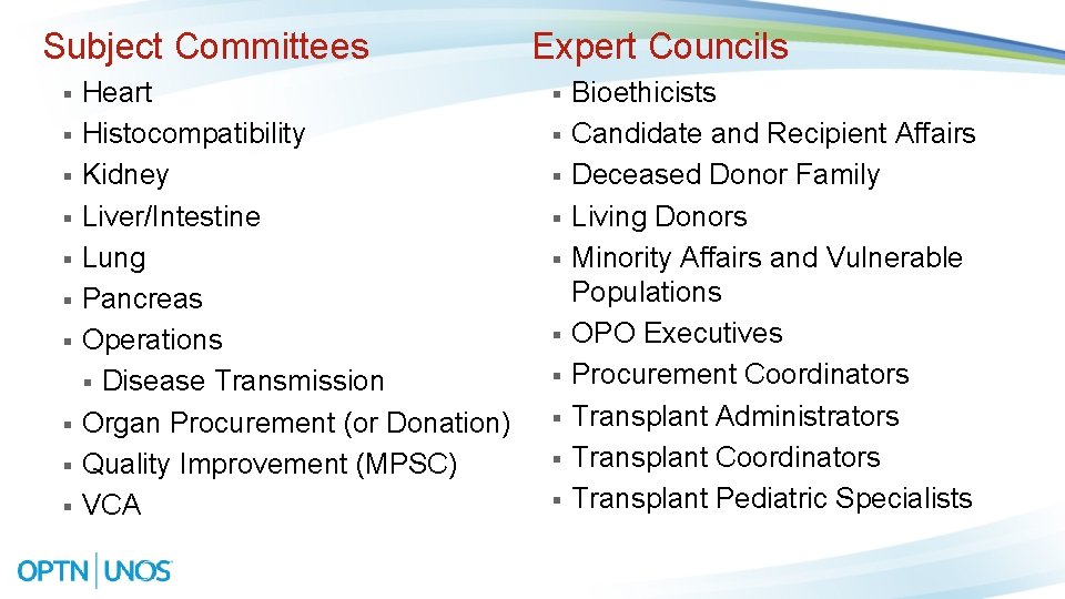 Subject Committees § § § § § Heart Histocompatibility Kidney Liver/Intestine Lung Pancreas Operations