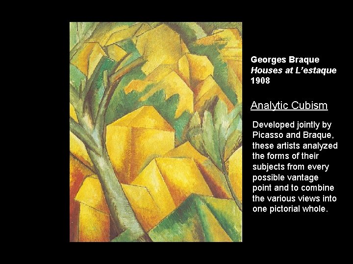 Georges Braque Houses at L’estaque 1908 Analytic Cubism Developed jointly by Picasso and Braque,
