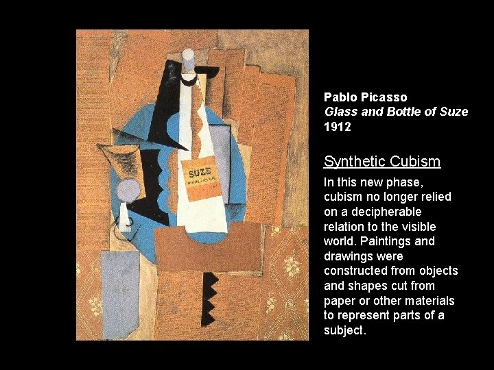 Pablo Picasso Glass and Bottle of Suze 1912 Synthetic Cubism In this new phase,