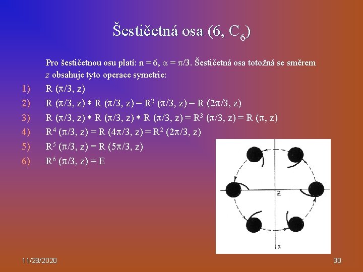 Šestičetná osa (6, C 6) Pro šestičetnou osu platí: n = 6, = /3.