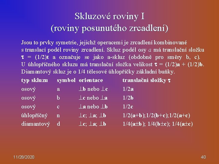 Skluzové roviny I (roviny posunutého zrcadlení) Jsou to prvky symetrie, jejichž operacemi je zrcadlení