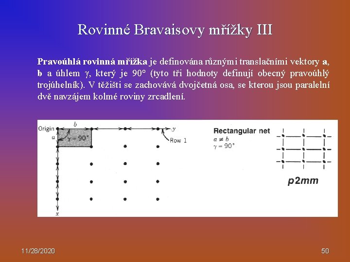 Rovinné Bravaisovy mřížky III Pravoúhlá rovinná mřížka je definována různými translačními vektory a, b