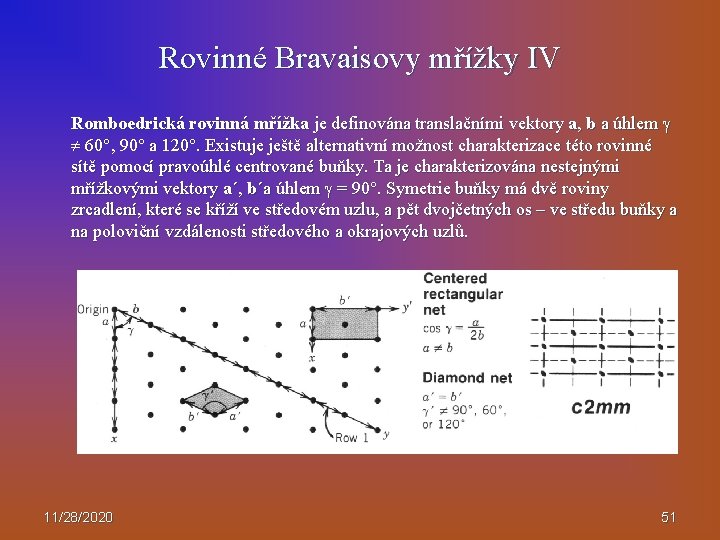 Rovinné Bravaisovy mřížky IV Romboedrická rovinná mřížka je definována translačními vektory a, b a
