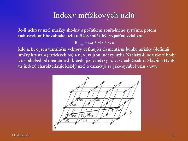 Indexy mřížkových uzlů Je-li některý uzel mřížky shodný s počátkem souřadného systému, potom radiusvektor