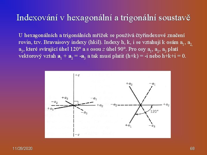Indexování v hexagonální a trigonální soustavě U hexagonálních a trigonálních mřížek se používá čtyřindexové