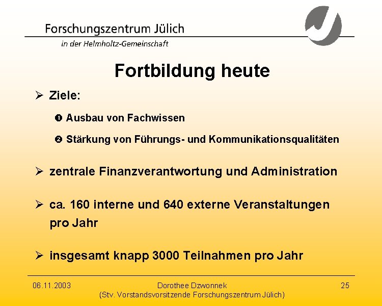 Fortbildung heute Ø Ziele: Ausbau von Fachwissen Stärkung von Führungs- und Kommunikationsqualitäten Ø zentrale