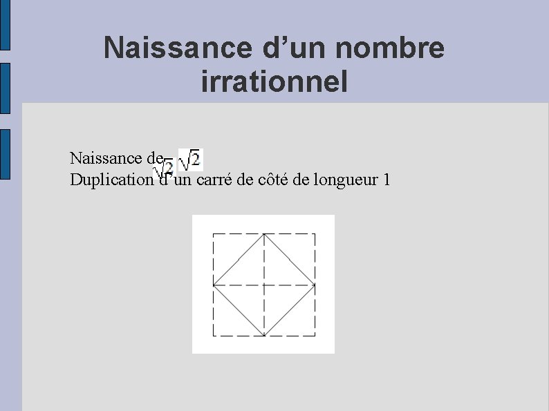 Naissance d’un nombre irrationnel Naissance de Duplication d’un carré de côté de longueur 1