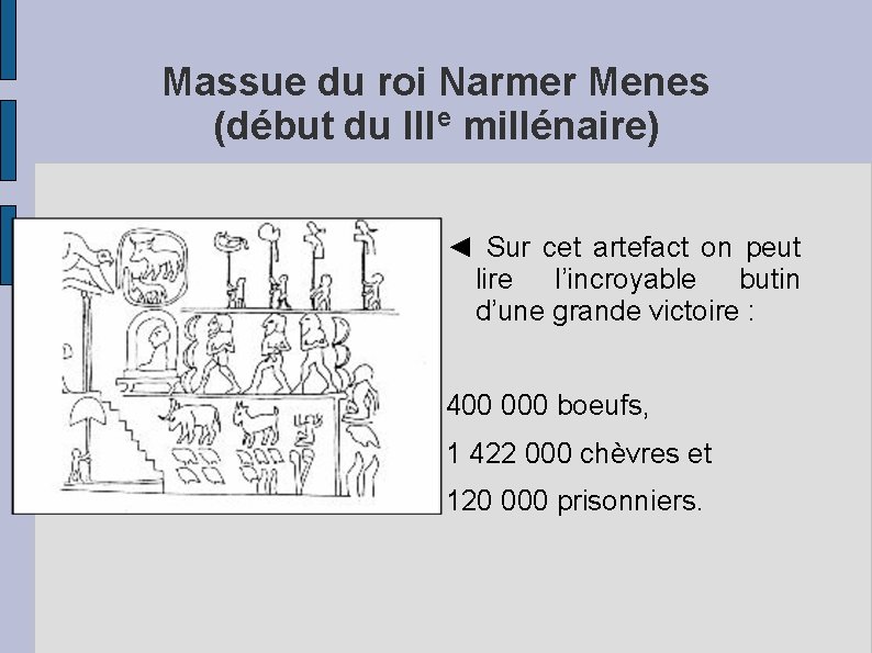 Massue du roi Narmer Menes (début du IIIe millénaire) ◄ Sur cet artefact on