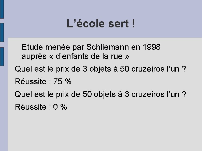 L’école sert ! Etude menée par Schliemann en 1998 auprès « d’enfants de la