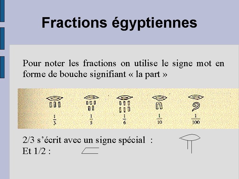 Fractions égyptiennes Pour noter les fractions on utilise le signe mot en forme de