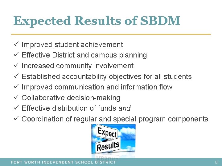 Expected Results of SBDM ü ü ü ü Improved student achievement Effective District and